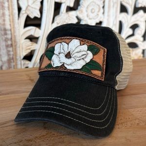 Tooled Leather Magnolia Patch Baseball Hat